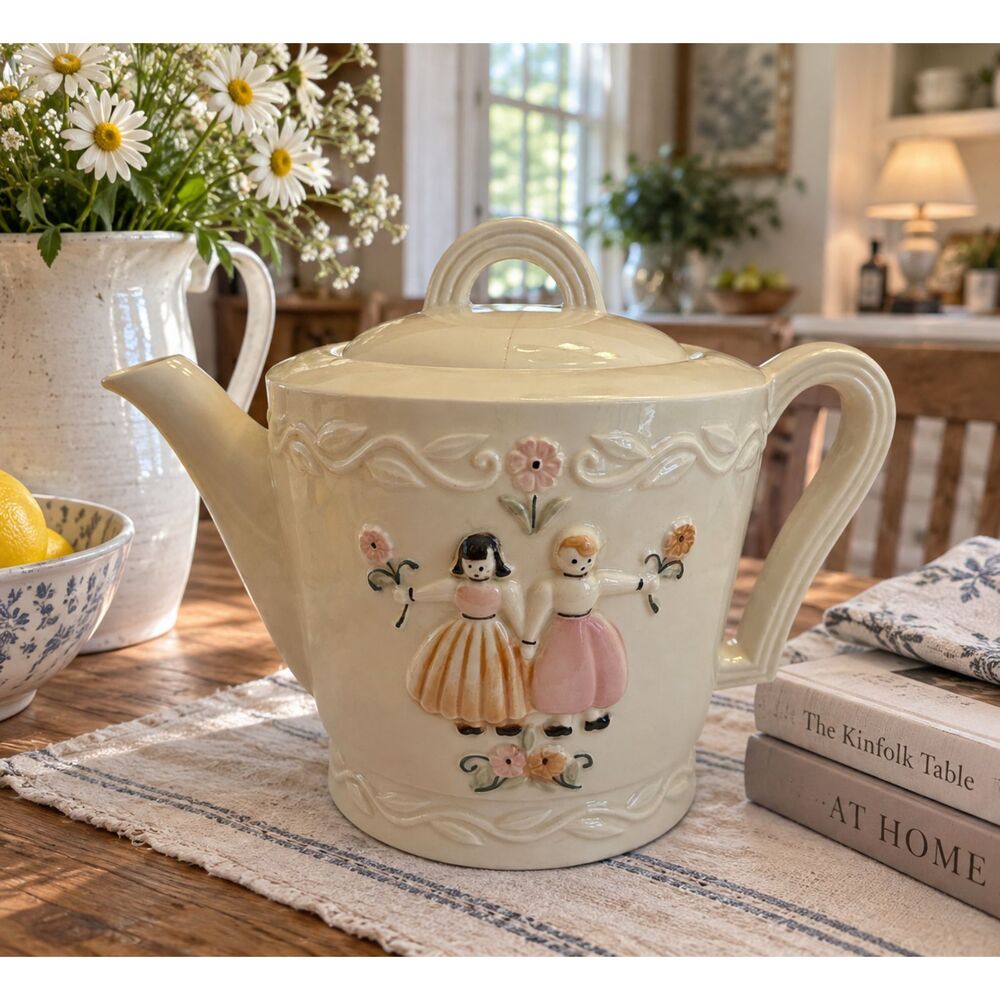 Vintage Priscilla Ware Ceramic Teapot Cream Pink Floral Figural Design Made in U